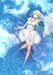  1girl absurdres aldnoah.zero aqua_eyes arm_up asseylum_vers_allusia bare_legs barefoot blonde_hair breasts ccjn dress floating highres long_hair partially_submerged reflection solo sparkle water wet wet_clothes white_dress 