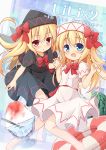  2girls baku_ph barefoot black_dress blonde_hair blue_eyes bow capelet dress dual_persona fairy_wings food fruit hat hat_bow holding_hands innertube interlocked_fingers lily_black lily_white long_hair looking_at_viewer multiple_girls open_mouth red_eyes shaved_ice short_sleeves smile touhou very_long_hair watermelon white_dress wings 