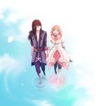  1boy 1girl black_hair boots estellise_sidos_heurassein gloves green_eyes highres holding_hands long_hair pink_hair short_hair smile tales_of_(series) tales_of_vesperia tyokityoki yuri_lowell 