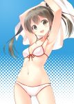  1girl :d alternate_costume armpits arms_up bikini blush brown_eyes brown_hair contrapposto cowboy_shot front-tie_top halftone halftone_background hyuuga_azuri kantai_collection long_hair looking_at_viewer navel open_mouth smile solo stomach swimsuit twintails waist white_bikini white_swimsuit zuikaku_(kantai_collection) 