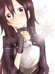  1boy banchii black_eyes black_hair blush breastplate embarrassed highres kirito kirito_(sao-ggo) long_hair sword_art_online trap 