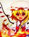  1girl :d ascot blonde_hair fang fire flandre_scarlet mob_cap open_mouth puffy_short_sleeves puffy_sleeves red_eyes shirokuro_gin short_hair short_sleeves side_ponytail smile tears touhou vest wings wrist_cuffs 