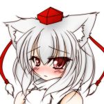  1girl animal_ears bare_shoulders blush detached_sleeves hat inubashiri_momiji konoe_yuu looking_at_viewer pom_pom_(clothes) red_eyes short_hair silver_hair simple_background solo tokin_hat touhou white_background wolf_ears 