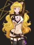  blonde_hair bn_lorrie breasts cleavage finger_gun fingerless_gloves garter_straps gloves highres jewelry long_hair necklace one_eye_closed rwby thigh-highs very_long_hair violet_eyes yang_xiao_long 
