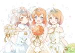  3girls :d bare_shoulders blue_eyes bouquet brown_eyes brown_hair dress flower koizumi_hanayo kousaka_honoka looking_at_viewer love_live!_school_idol_project mei_(maysroom) minami_kotori multiple_girls open_mouth orange_hair petals smile tagme violet_eyes wedding_dress 