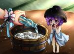  2girls bare_arms bare_shoulders barefoot blush_stickers bowl bucket commentary_request cuffs hat ibuki_suika ice_cube minigirl multiple_girls naked_towel open_mouth purple_hair ramune shackles sparkle sukuna_shinmyoumaru t.m_(aqua6233) table tatami touhou towel violet_eyes wrist_cuffs 