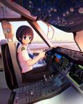  1girl airplane black_hair black_pants blue_eyes boeing_787 cockpit cravat eijima_moko headset highres long_hair low_ponytail original pants payot pilot ponytail runway scrunchie shirt short_sleeves sitting smile solo tagme thumbs_up uniform white_shirt wing_collar 