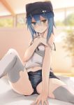  blue_eyes blue_hair hat heterochromia highres horns io_(pso2) noe_(mabue) off_shoulder phantasy_star phantasy_star_online_2 short_shorts shorts sitting strap_slip tagme tank_top thigh-highs yellow_eyes 