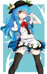  1girl black_hair blue_hair food fruit hat hinanawi_tenshi one_eye_closed open_mouth peach pink_eyes pose puffy_short_sleeves puffy_sleeves shirt short_sleeves skirt smile solo thigh-highs touhou zettai_ryouiki zibun_owl 