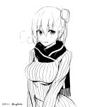 1girl breasts dated highres monochrome scarf shuuichi simple_background smile solo white_background 