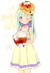  1girl aqua_eyes blueberry carrying choker collarbone dress food food_as_clothes food_on_head fruit green_hair hair_ornament long_hair looking_at_viewer object_on_head one_eye_closed original pancake piyodera_mucha solo strawberry syrup tagme yellow_dress 