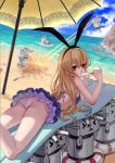  1girl alternate_costume anchor ass beach bikini bikini_skirt blonde_hair bojue_yu_yaojing_695657 kantai_collection laser long_hair looking_at_viewer ocean parasol popsicle rensouhou-chan sand_castle sand_sculpture shimakaze_(kantai_collection) solo swimsuit umbrella yellow_eyes 