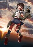  1girl black_hair brown_eyes cannon clouds cloudy_sky from_behind fubuki_(kantai_collection) full_body kantai_collection kneepits light_rays looking_at_viewer looking_back mecha_musume midriff miniskirt ocean open_mouth outdoors pleated_skirt ponytail school_uniform serafuku short_sleeves skirt sky smile solo sun sunbeam sunburst sunlight sunset thigh_strap tohogaeru turret 