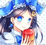  1girl apple black_hair blue_eyes blush bow bust chisa dated earrings food frills fruit hair_bow hair_ornament holding jewelry long_hair puzzle_&amp;_dragons smile snow_white_(p&amp;d) solo star star-shaped_pupils symbol-shaped_pupils twitter_username 