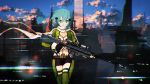  1girl anti-materiel_rifle aqua_eyes aqua_hair cityscape fingerless_gloves gloves gun highres jumpei99 rifle scarf shinon_(sao) short_hair short_shorts shorts sniper_rifle sword_art_online weapon 