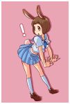  ! 1girl animal_ears blue_skirt bob_cut brown_hair bunny_tail crop_top crop_top_overhang kill_la_kill kneehighs looking_back mankanshoku_mako midriff navel pink_background rabbit_ears school_uniform serafuku short_hair skirt solo tail youbastard 