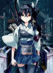  1girl arrow black_hair black_legwear blue_skirt crane expressionless hakama_skirt japanese_clothes kaga_(kantai_collection) kantai_collection looking_at_viewer machinery muneate pleated_skirt side_ponytail skirt solo tasuki thigh-highs yoshinaga_p zettai_ryouiki 