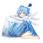  1girl barefoot blue_dress blue_eyes blue_hair blush bow cirno dress hair_bow hair_ornament ice ice_cube ice_wings looking_at_viewer open_mouth puffy_sleeves shinova short_hair short_sleeves simple_background sitting slime solo sweat touhou white_background wings 
