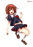  1girl :d brown_eyes brown_hair fang hairband kantai_collection kneehighs midriff navel open_mouth pleated_skirt school_uniform serafuku shiratsuyu_(kantai_collection) shoes short_hair sketch skirt smile solo thigh-highs twitter_username yua_(checkmate) 