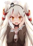  1girl amatsukaze_(kantai_collection) blush brown_eyes choker eretto fang gloves hands_on_own_cheeks hands_on_own_face kantai_collection long_hair looking_at_viewer silver_hair single_glove smoke solo two_side_up white_gloves 