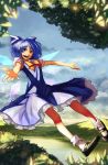  1girl blue_dress blue_eyes blue_hair blue_sky bow bukimi_isan cirno clouds dress frills hair_bow hair_ornament highres ice ice_wings looking_at_viewer mary_janes nature open_mouth outstretched_arms puffy_sleeves shoes short_hair short_sleeves sky smile socks solo touhou white_legwear wings 