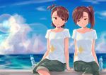  2girls arm_support bracelet brown_eyes brown_hair clouds futami_ami futami_mami highres holding_hands idolmaster idolmaster_movie jewelry lens_flare light_smile looking_at_another matching_outfit multiple_girls ocean open_mouth ramune shadow_striker shirt short_hair shorts shoulder_blades siblings side_ponytail sisters sitting sky smile t-shirt white_shirt 
