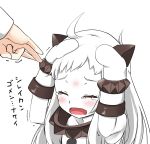  1girl admiral_(kantai_collection) ahoge closed_eyes covering_head dekopin flick gloves horns kantai_collection long_hair mentei_yakuna northern_ocean_hime open_mouth shinkaisei-kan solo_focus tears translated trembling wavy_mouth white_hair 