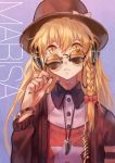  1girl alternate_costume black_nails blonde_hair bracelet braid character_name contemporary expressionless hat headphones highres jewelry kirisame_marisa long_hair looking_at_viewer necklace polo_shirt solo sunglasses sweater touhou yellow_eyes zicai_tang 