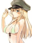  1girl alternate_costume bikini bismarck_(kantai_collection) blonde_hair blush breasts bust cleavage front-tie_top hat highres kantai_collection large_breasts long_hair looking_at_viewer military_hat oota_yuuichi open_mouth peaked_cap popsicle simple_background solo sweat swimsuit tongue tongue_out white_background 