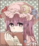  1girl artist_name book bow capelet character_name crescent face hair_bow hair_ornament hairclip hat hat_bow henki_(orange) long_hair looking_at_viewer mob_cap open_book patchouli_knowledge polka_dot polka_dot_background portrait purple_hair simple_background solo touhou violet_eyes 