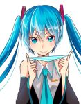  1girl aqua_eyes aqua_hair detached_sleeves hatsune_miku holding holding_panties long_hair necktie noboes panties smile solo striped striped_panties twintails underwear vocaloid white_background 