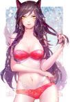  1girl ahri alternate_costume animal_ears artist_name bikini black_hair breasts collarbone contrapposto facial_mark fox_ears fox_tail hair_twirling heather37 highres league_of_legends lips long_hair looking_at_viewer navel solo stomach swimsuit tail whisker_markings yellow_eyes 