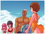  1boy 3girls ass ball beachball bikini blue_sky blush gamagoori_ira grin jakuzure_nonon kill_la_kill laughing mankanshoku_mako matoi_ryuuko multiple_girls muscle one-piece_swimsuit sky smile swimsuit youbastard 