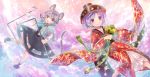  2girls animal_ears bowl dowsing_rod highres holding japanese_clothes kimono looking_at_viewer miracle_mallet mouse_ears mouse_tail multiple_girls nazrin neme open_mouth purple_hair red_eyes short_hair silver_hair smile sukuna_shinmyoumaru tail touhou violet_eyes 