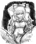  1girl arms_behind_head arms_up bdsm bondage breasts bust fujiwara_no_mokou ginji_(sakaki_summer) graphite_(medium) long_hair long_sleeves looking_at_viewer monochrome pants sketch solo spread_legs taut_clothes taut_shirt tied_up touhou traditional_media unbuttoned very_long_hair 