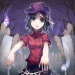  1girl :o hat jiangshi looking_at_viewer miyako_yoshika ofuda open_mouth outstretched_arms short_hair short_sleeves solo tagme tare_nu_(usesase) touhou zombie zombie_pose 