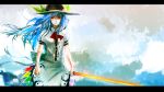 1girl ascot blue_hair blue_sky clouds cloudy_sky food fruit hat highres hinanawi_tenshi letterboxed long_hair looking_at_viewer peach puffy_short_sleeves puffy_sleeves red_eyes serious shirt short_sleeves skirt sky solo sword_of_hisou touhou wallpaper white_shirt wind yappa_muri