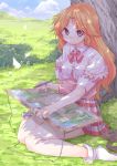  1girl blonde_hair canvas_(object) dappled_sunlight holding lesley_lopicana long_hair looking_at_viewer mitsumete_knight oge_(ogeogeoge) paintbrush pleated_skirt red_eyes sitting skirt smile solo tagme tree tree_shade 
