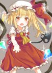  1girl ascot blonde_hair blush bokunenjin bow dress fangs flandre_scarlet frilled_collar frilled_hat frilled_skirt frills hat hat_bow highres laevatein looking_at_viewer mob_cap open_mouth red_dress red_eyes side_ponytail skirt solo touhou wings 
