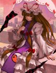  1girl brown_hair city evening gap hair_ribbon hat hat_ribbon highres light_smile long_hair long_sleeves looking_at_viewer mob_cap one_eye_closed parasol pink_sky ribbon sitting solo syuraime_0 tabard touhou tress_ribbon umbrella very_long_hair yakumo_yukari 