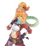  1girl atelier_(series) atelier_shallie belt brown_eyes coat gloves goggles goggles_on_head grin half_updo hidari_(left_side) jurie_crotze navel official_art orange_hair pantyhose scarf short_hair shorts smile solo thigh-highs white_background 