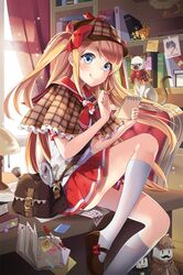  1girl bag blonde_hair blue_eyes bookshelf bow brush cabbie_hat cat chair character_doll detective flower hat kneehighs lamp long_hair looking_at_viewer magnifying_glass mary_janes notepad original pen photo_(object) school_uniform serafuku shoes smile socks solo sticky_note table tongue tongue_out twintails window yeni 