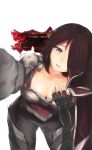  1girl armor breasts brown_hair cleavage fingerless_gloves fiora_laurent gloves hair_over_one_eye highres large_breasts league_of_legends leaning_forward looking_at_viewer open_mouth short_hair siod solo violet_eyes 