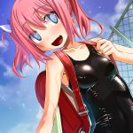  1girl :d backpack bag black_school_swimsuit blue_eyes blush chain-link_fence clouds collarbone covered_navel dengeki_moeou fang open_mouth original pink_hair randoseru sakuya_tsuitachi school_swimsuit shiny shiny_clothes short_hair short_twintails skindentation sky small_breasts smile solo sparkle swimsuit twintails wet 