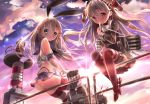  2girls :3 amatsukaze_(kantai_collection) ass bare_shoulders black_panties blonde_hair brown_eyes elbow_gloves fence gloves green_eyes grey_hair hair_ribbon hair_tubes highleg highleg_panties kantai_collection long_hair machinery microskirt multiple_girls na!?_(yonjyuugo) panties rensouhou-chan ribbon shimakaze_(kantai_collection) sitting skirt sunset twintails underwear white_gloves yonjyuugo ||_|| 