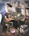  1girl airbrush bandai book book_stack bookshelf breasts cleavage earasensha folded_ponytail gas_compressor highres military military_vehicle original otaku_room paintbrush plamo shorts solo striped striped_legwear tamiya_incorporated tank type_95_ha-gou vehicle 