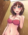  1girl aqua_eyes bare_shoulders bikini blush breasts brown_hair cleavage collarbone earrings eyebrows eyelashes freckles hand_on_own_chest heart heart_earrings idolmaster idolmaster_cinderella_girls jewelry kate_(idolmaster) lips looking_down midriff mound_of_venus navel necklace open_mouth pink_bikini short_hair shower smile solo stomach swimsuit thick_eyebrows todome water wet 