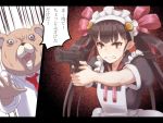  1girl aiming apron artist_self-insert beretta_92 black_hair commentary crying crying_with_eyes_open gun handgun highres letterboxed maid_apron maid_headdress necktie noraico original red_eyes stuffed_animal stuffed_toy tears teddy_bear translated twintails weapon 