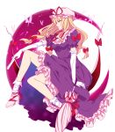  blonde_hair bow breasts choker crescent_moon dress elbow_gloves frills full_body gap gloves hair_bow leg_up lipstick makeup mob_cap moon nagomi_(mokatitk) purple_dress purple_moon ribbon ribbon_choker simple_background socks space tagme touhou umbrella violet_eyes white_background yakumo_yukari 