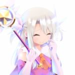  1girl ^_^ blurry closed_eyes depth_of_field elbow_gloves fate/kaleid_liner_prisma_illya fate_(series) finger_to_cheek flying_sweatdrops gloves hair_ornament haribote_(tarao) holding illyasviel_von_einzbern long_hair magical_girl magical_ruby prisma_illya smile solo tagme wand wavy_mouth 